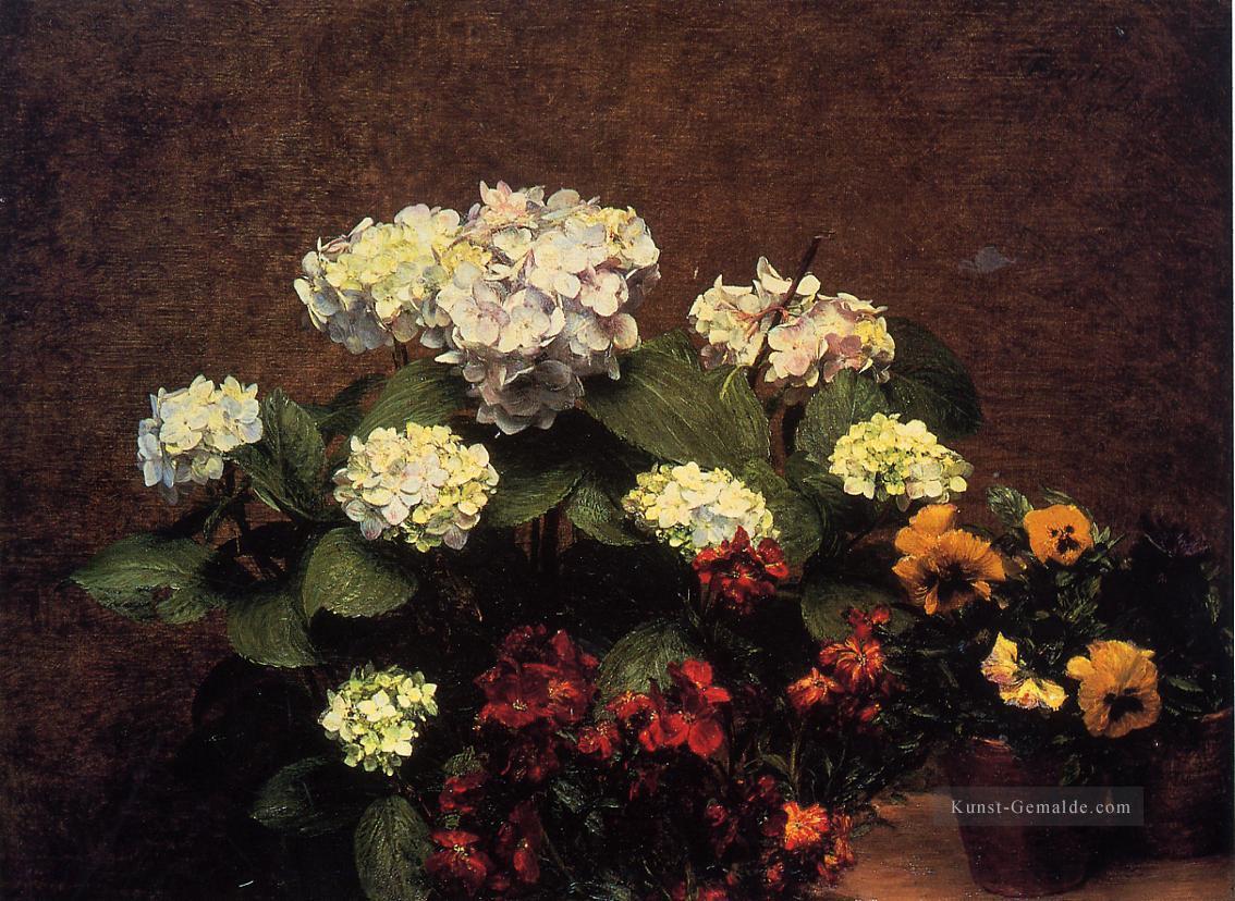 Hydrangias Gewürznelken und zwei Töpfe Stiefmütterchen Blumenmaler Henri Fantin Latour Ölgemälde